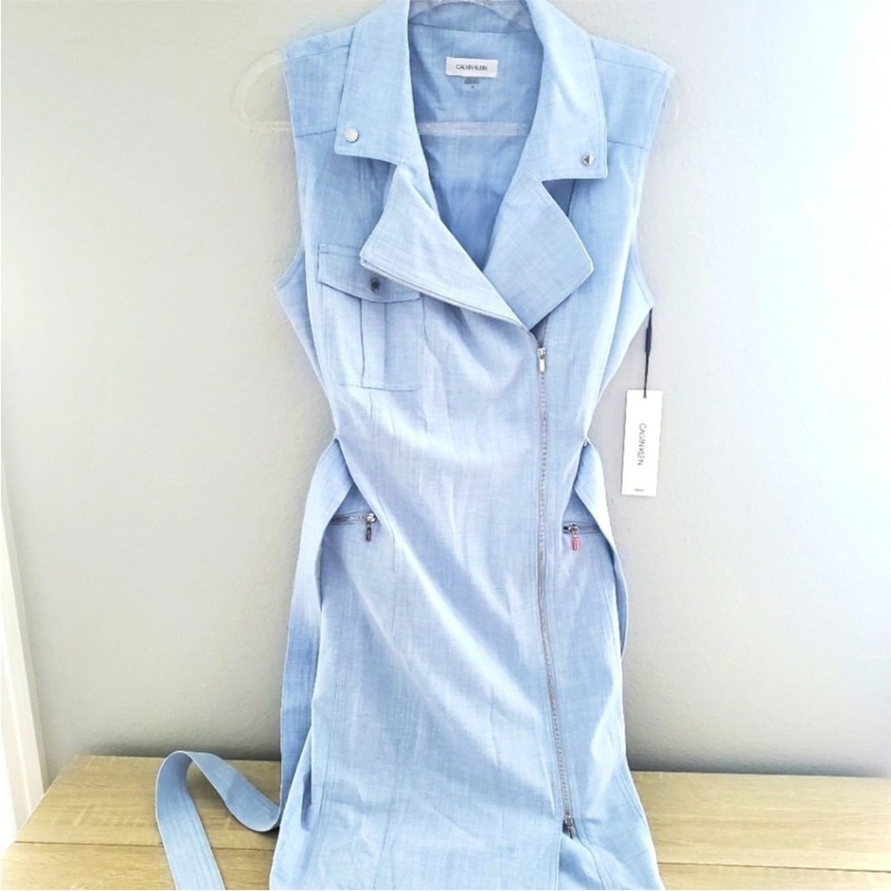 Calvin Klein Womens Trench Coat Belted Light Blue Wrap Dress Size 16